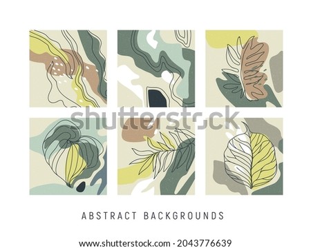 Abstract, artistic illustrations with plants, leaves. Minimalistic vector compositions in contemporary style. Editable clip art for calendar, cover, poster, cards. Nature colors. Theme of ecology. 