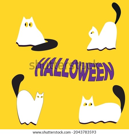 Happy Halloween. Set of simple flat vector illustrations for stickers, cards, backgrounds, ions. Set of cats with different eyes and characters in a ghost costume. Cute cartoon character.