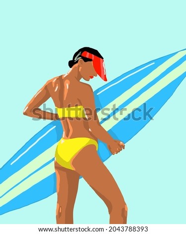 Vector illustration of attractive girl with blue surfer board in yellow swimsuit. Surfing girl for postcard, poster, advertisement. Surfing label design element.