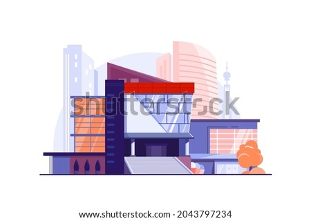 Modern urban building business center vector illustration. Main city street, luxury construction flat style. Architecture, exterior concept Royalty-Free Stock Photo #2043797234