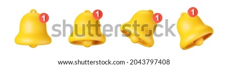 3d notification bell icon set isolated on white background. 3d render yellow ringing bell with new notification for social media reminder. Realistic vector icon Royalty-Free Stock Photo #2043797408