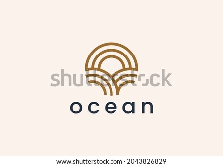 Ocean Sun Wave line outline Logo Design Template