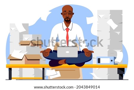 Relaxed Businessman doing Yoga. Happy Man wearing suit and sitting in Lotus Pose. Meditation in the Office. Focus and Concentration on the Job Concept. Vector Cartoon Character.