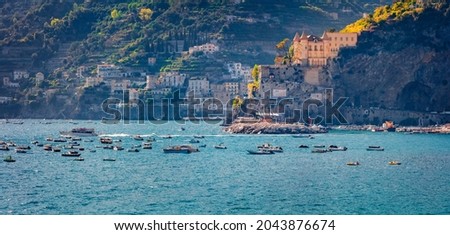 Long focus picture of Maiori port. Splendid seascape of Mediterranean seascape, Amalfi coast in the province of Salerno, Italy, Europe. Traveling concept background.
