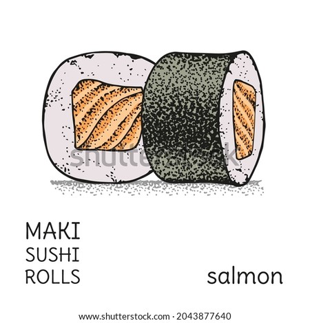 Sketch illustrations of sushi rolls with salmon. Hand-drawn clipart for menu design. Vintage style engraving