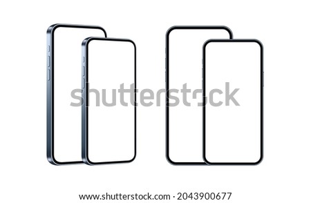 Modern Blue Mobile Phones Mockups Isolated on White Background, Front and Side View. Vector Illustration