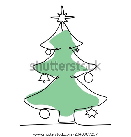 Vector illustration in a linear style. Christmas fir tree with Christmas decorations. New Year, Merry Christmas. Inscription for postcard, invitation, poster, banner.