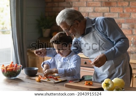 Caring mature grandfather in glasses teaching little grandson to cut vegetables, happy senior grandpa with 8s boy child wearing aprons cooking salad, spending leisure time weekend in kitchen together Royalty-Free Stock Photo #2043915524