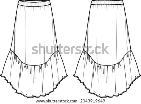 Vector bohemian style woman skirt fashion CAD, long woman skirt with elasticized waistband technical drawing, sketch, template, flat. Jersey or woven fabric maxi skirt with front, back view, white col Royalty-Free Stock Photo #2043919649