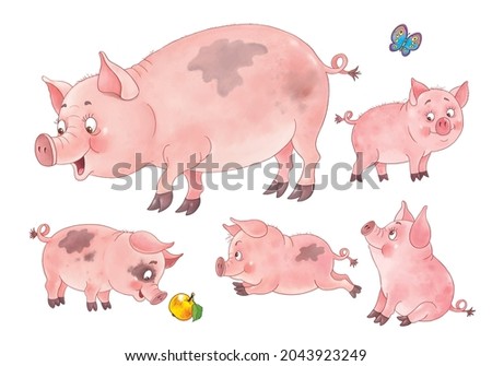Funny farm. Family of cute pigs. Illustration for children. Coloring page. Cute cartoon characters isolated on white background
