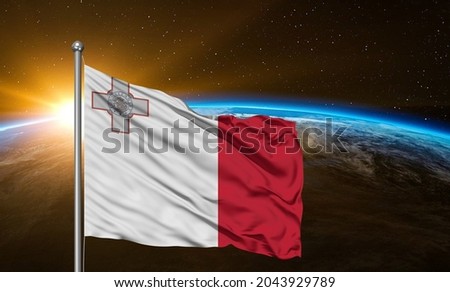 Malta national flag cloth fabric waving on beautiful sky.