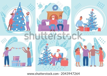 Set of six flat compositions with santa claus christmas tree happy characters isolated vector illustration