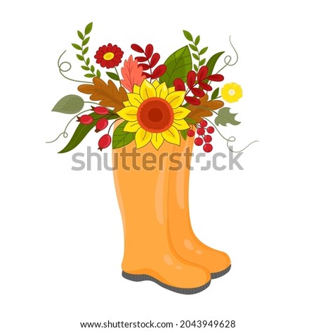 Vector illustration autumn wellies boots with blooming bouquet autumn flowers.