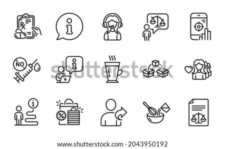 Line icons set. Included icon as Legal documents, Lawyer, Woman love signs. Shopping bags, Latte, Prescription drugs symbols. Refer friend, Support, Cooking whisk. Parcel shipping. Vector