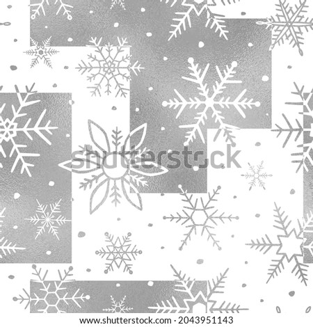Snowflake seamless pattern. Snowflakes background. Repeated silver texture. Snow printed. Repeating winter printing. Design snowflakes patern for prints. Cute marble backdrop. Vector illustration