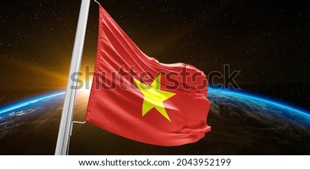 Vietnam national flag cloth fabric waving on beautiful sky.