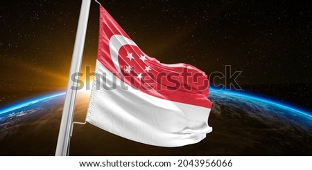 Singapore national flag cloth fabric waving on beautiful sky.