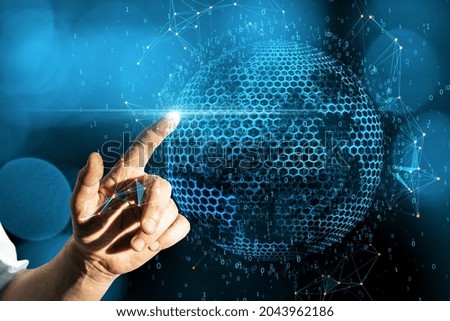 Close up of businessman hand pointing abstract globe sphere with coding and polygonal network on blue background. Future and digital world concept. Double exposure