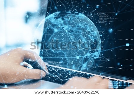 Close up of hands using laptop with abstract globe sphere with coding and polygonal network. Future, technology and digital world concept. Double exposure