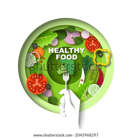 Bowl with delicious vegan salad, hand holding fork with broccoli, vector top view illustration in paper art style. Healthy diet, vegetarian meal. Healthy food poster, banner design template. Royalty-Free Stock Photo #2043968297