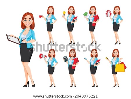 Concept of modern business woman. Beautiful redhead cartoon character businesswoman Royalty-Free Stock Photo #2043975221