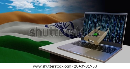 Waving national flag of the India. Concept for information technology and data security safety to prevent cyber attack. Internet and network security.