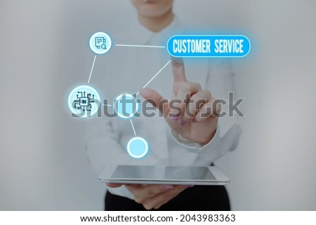 Conceptual caption Customer Service. Conceptual photo process of ensuring customer satisfaction with a product Lady Holding Tablet Pressing On Virtual Button Showing Futuristic Tech.