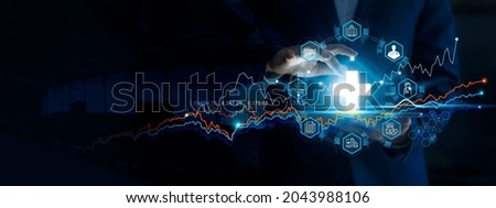 Healthcare business graph data growth chart and Medical examination. Businessman touching virtual medical network icon. Virus pandemic develop people awareness and spread attention on their healthcare