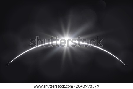 Sun eclipse. Solar ring on dark backdrop. Planet with sun rays. Abstract light effect. White glow in space. Earth horizon with lights. Realistic sunrise with glares. Vector illustration. Royalty-Free Stock Photo #2043998579