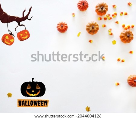 Halloween decorations on white background. Halloween concept. Flat lay, top view, copy space
