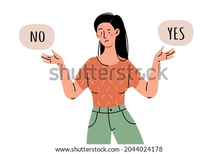 Young girl chooses Yes or No. Concept of choice, search for an answer, acceptance of refusal or consent. Royalty-Free Stock Photo #2044024178