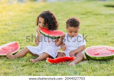 two little swarthy girls with curly hair two sisters eating watermelon on the lawn. picnic in the park. happy childhood. space for text. High quality photo