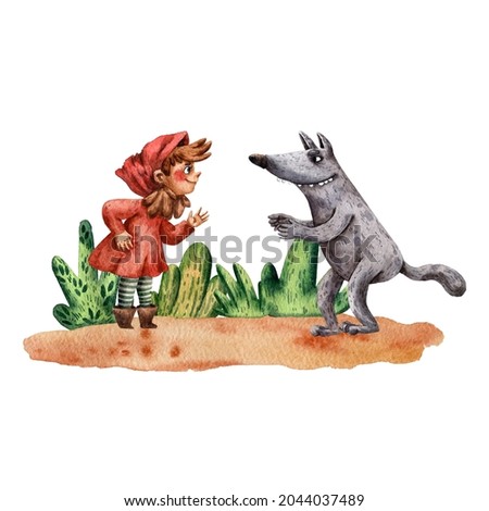 Watercolor fairy tale illustration. Little red riding hood. Girl and wolf. Fantasy scene. Forest adventure. Fairy tale characters. Children book art. Cartoon style of art. Big bad wolf.