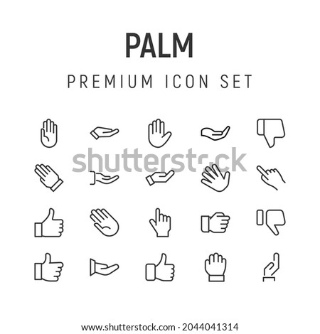 Premium pack of palm line icons. Stroke pictograms or objects perfect for web, apps and UI. Set of 20 palm outline signs. 