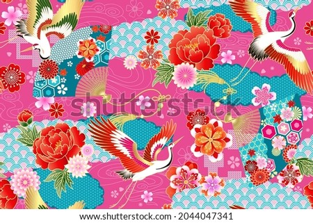 Seamless pattern with floral motives and cranes  Royalty-Free Stock Photo #2044047341