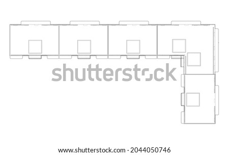 Vector wire-frame model of a multi-storey residential building. Construction concept. Drawing or blueprint style. Vector made from 3d model. Orthography or isometric
