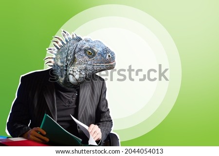 Lizard in business suit. Businessman with lizard face. Reptile head on human torso. A cunning and resourceful man. The lizard as a symbol of guile. Collage in magazine style with place for text.
