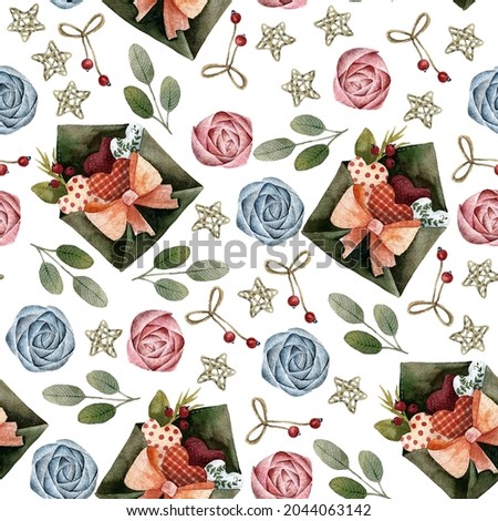 seamless watercolor pattern with roses and envelope with hearts in vintage style for valentine's day for creating textures