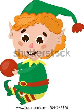 vector illustration of a Christmas elf sitting with a ball