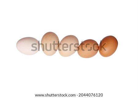 Hen eggs of different colors on a white background. Advertising photo for eggs.