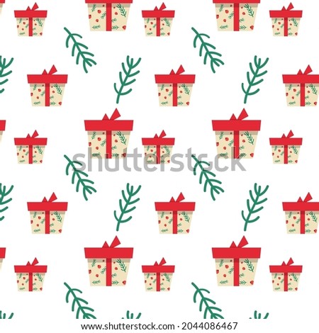 Christmas gifts boxes with the spruce seamless pattern on white. Vector illustration.