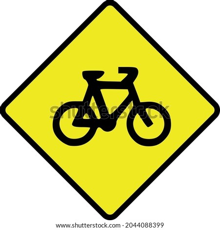 Vector Illustration Of A Warning Sign For Bicycles. Yellow And Black Caution Sign Drawing, Isolated On White Background.