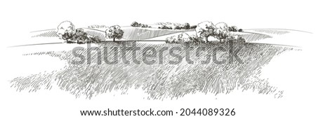 Green grass field on small hills. Meadow, alkali, lye, grassland, pommel, lea, pasturage, farm. Rural scenery landscape panorama of countryside pastures. Vector sketch illustration Royalty-Free Stock Photo #2044089326
