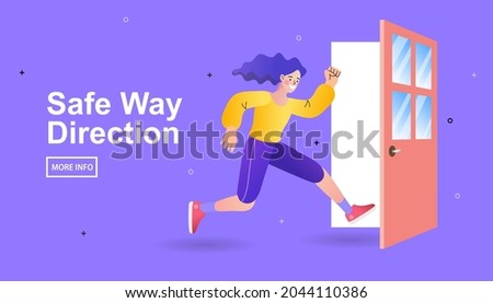 woman running to escape. Girl run to open door. People leaving home. Lady staing in the doorway. Trendy flat vector illustration. Royalty-Free Stock Photo #2044110386