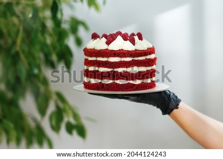 red velvet cake with cottage cheese cream with red strawberries lies on the palm and cupcakes foodfoto