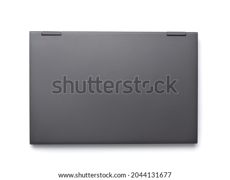 Top view of gray closed laptop isolated on white Royalty-Free Stock Photo #2044131677