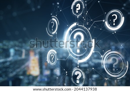 Abstract glowing question marks interface on blurry night city background. Technology, faq, online help, problem solution concept. Double exposure Royalty-Free Stock Photo #2044137938
