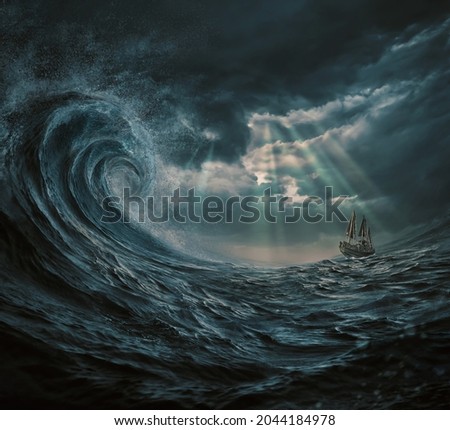illustration of the ship in the storm, gigantic waves
