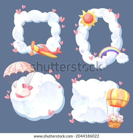 Cloud frame to decorate the artwork decorated with airplanes, hearts, rainbows, parachutes, sun and hot air balloons. For graphic artists doing artwork and decorating work. 