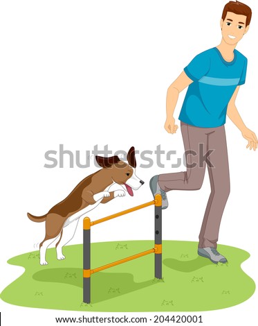 Illustration of a Man Testing His Dog's Agility with a Jump Bar